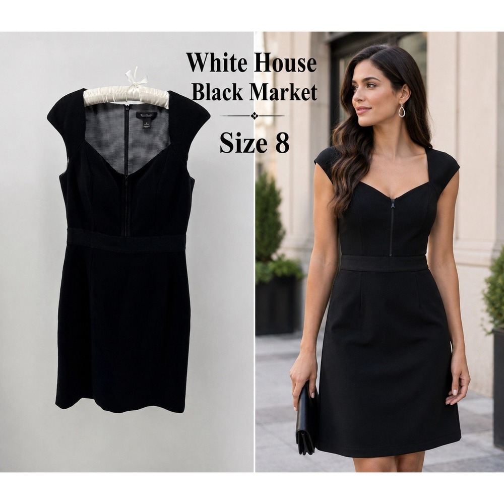 White House Black Market Sheath Little Black Dress Cap Sleeve Zip Back Sz 8